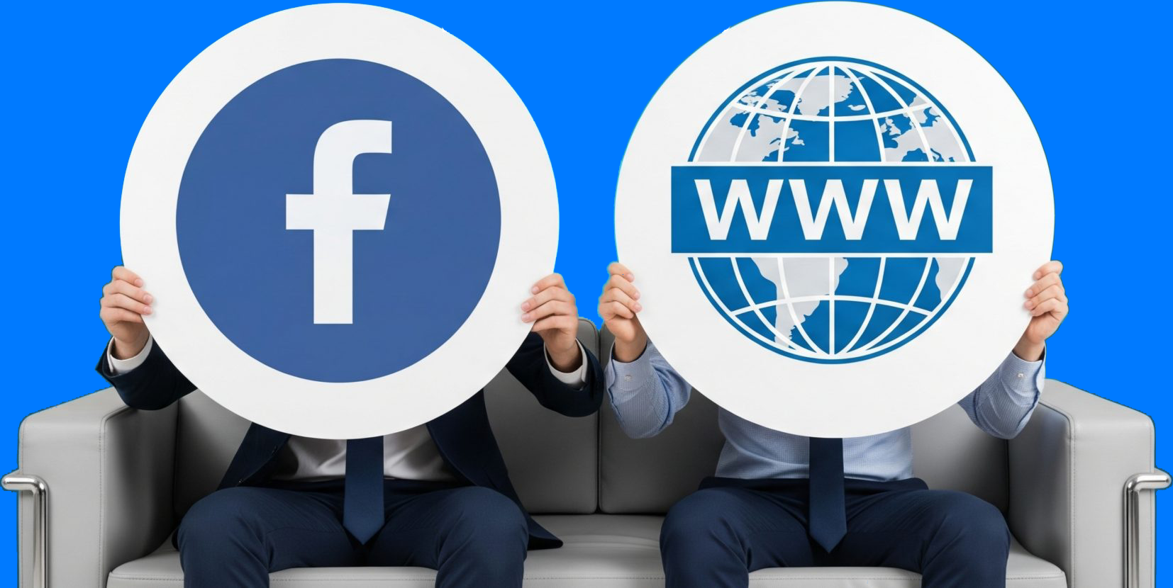 Tradesperson's website shown on a laptop next to a Facebook page, illustrating the difference between social media and a proper business website.