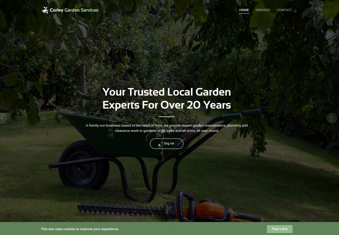 A garden services website we built, shown on screen
